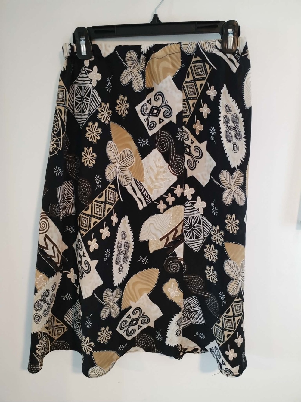 Womens Vintage Handmade Black & Tan Patterned Midi Skirt - Size Small